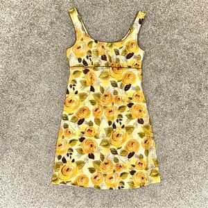 CAbi Yellow Floral Empire Waist Babydoll Mini 100% Cotton Sun Dress